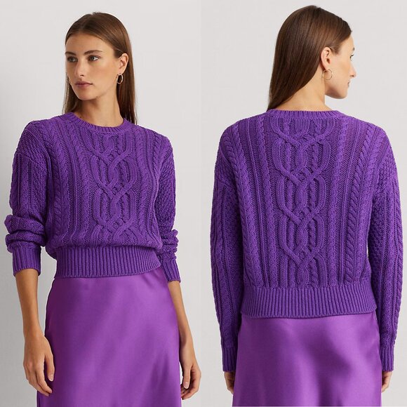 NWT New $145 Ralph Lauren Cable-Knit Cotton Crewneck Purple Sweater Size M - Picture 1 of 11